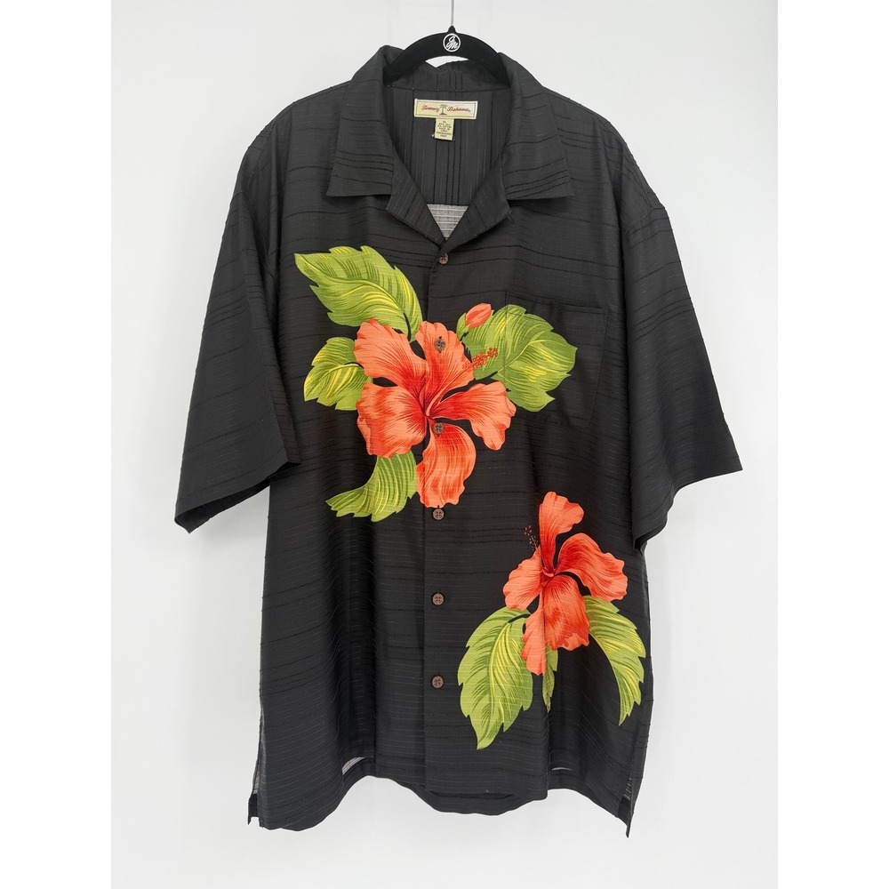 Tommy Bahama Mens XL Silk Blend Hibiscus Floral Camp Shirt Black Short Sleeve